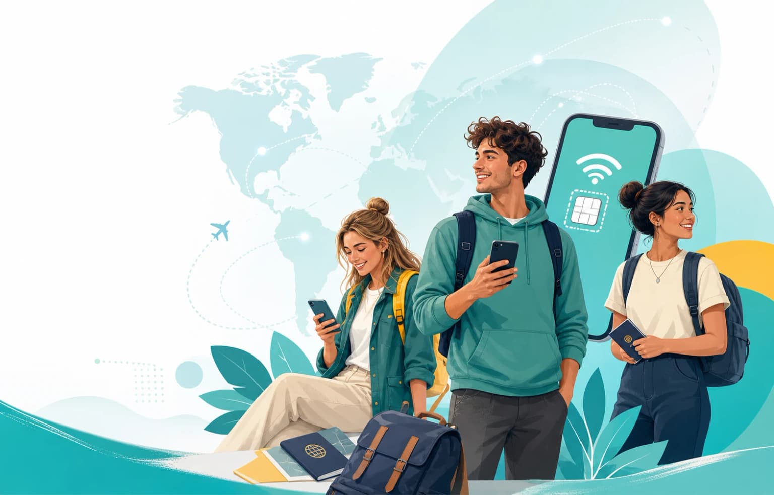 Rustige reisillustratie met jongeren en mobiel internet
